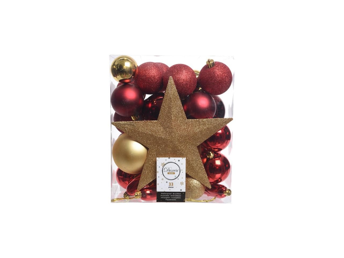 Caixa de Acessórios Verm./Dourado Árvore Natal 33 Peças
