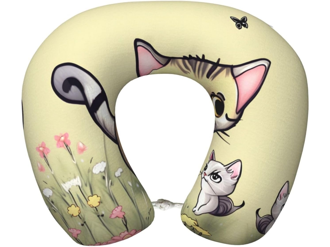 Travesseiro de Viag em Espuma Viscoelástica com Estampa Gato e Borboleta Suporte Confortável Formato U para o
