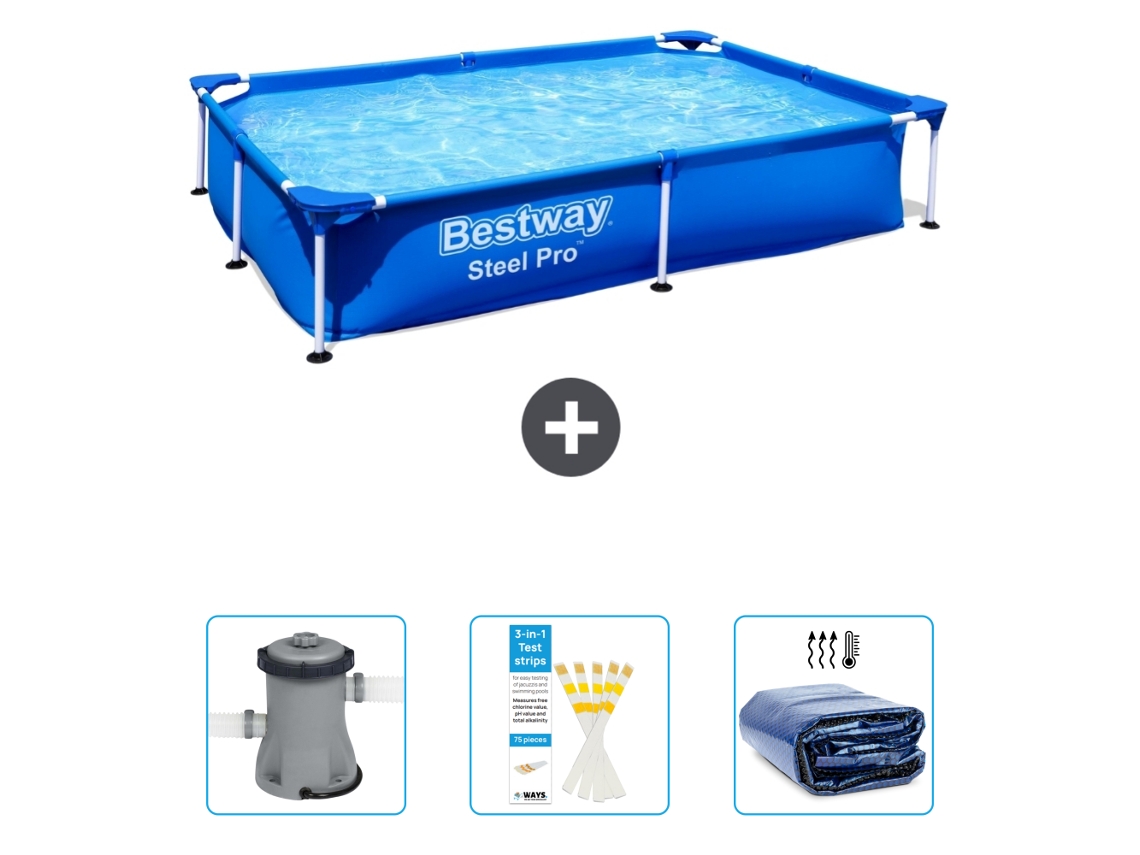 Piscina Retangular de Aço Pro BESTWAY 221 X 150 X 43 Cm Azul Incluída Bombear Tiras de Teste Vela Solar