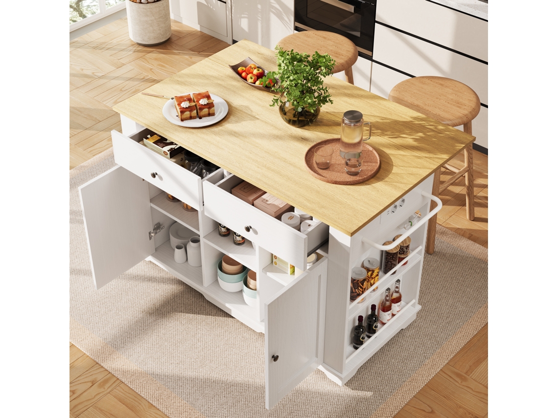Ilha De Cozinha Com Bancada, Carrinho De Servir Com Tomadas, Armário E Estante Branco Com Acabamento Em Madeira Liptaptyn