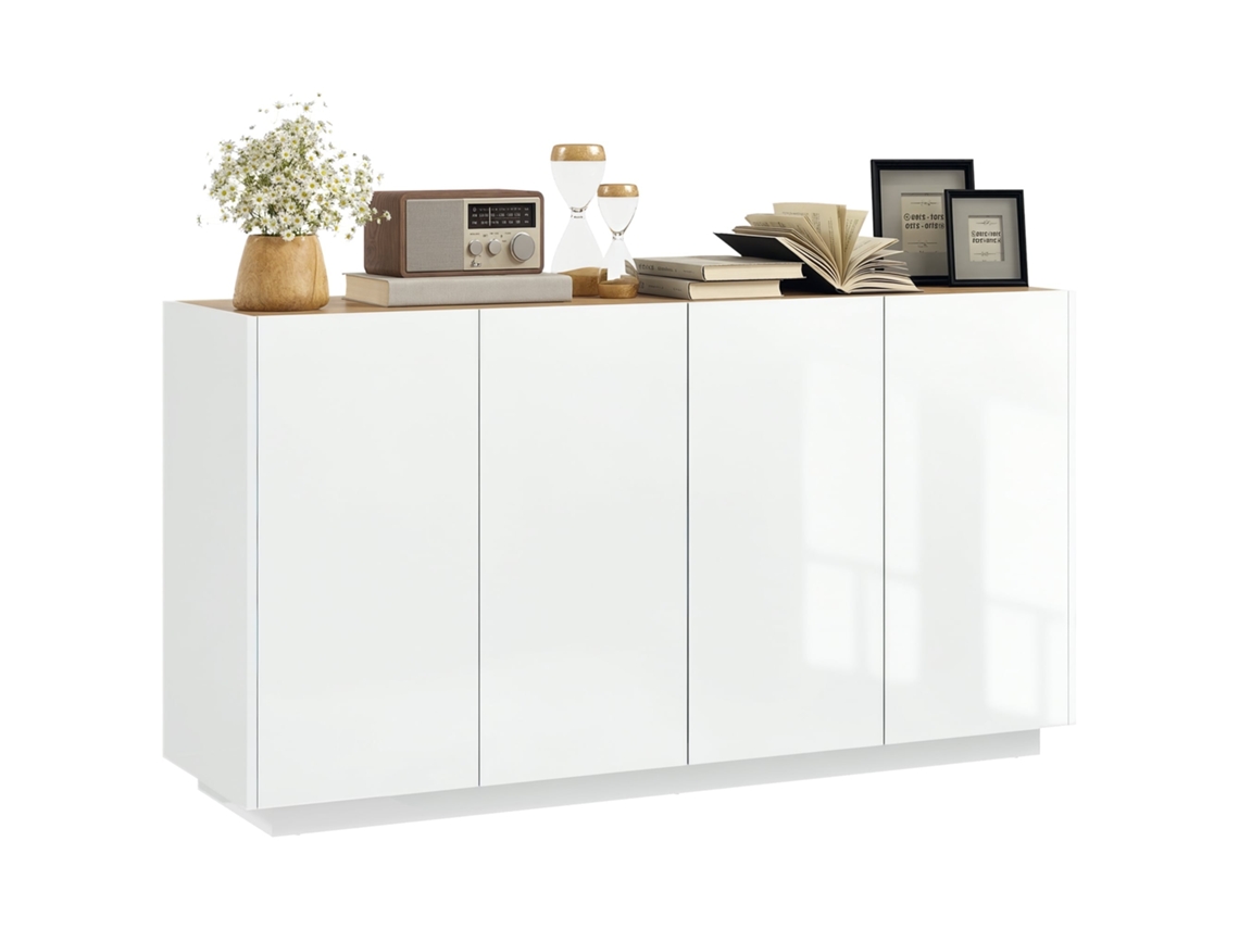 Armário moderno com 2 portas, fecho amortecido e prateleiras ajustáveis 140x40x75cm branco brilhante BTFORUS