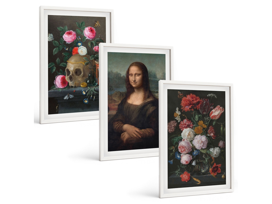Quadros Decorativos Para Parede Flores, Crânio, Retrato Da Mona Lisa Moldura Branca Quadros Para O Escritório Espelharte (3 Piezas De 40x60 Cm)