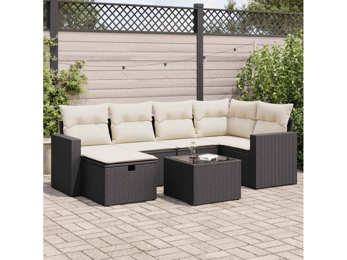 Vidaxl 7 Pcs Conjunto De Sofás P/ Jardim C/ Almofadões Vime Pe Preto