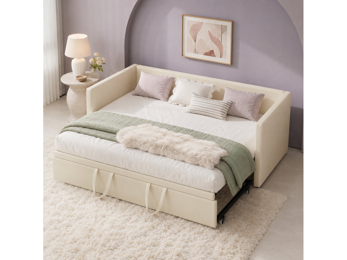 Sofá Cama Conversível De 2 Lugares 90/180x200 Cm, Sofá Cama Para 2 Pessoas Com Cama Extra, Base De Ripas, Veludo, Sem Colchão(beige)
