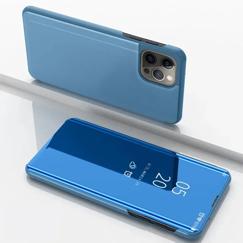 Capa Para Iphone 15 Pro Max Azul, Capa Flip Espelhada Inteligente Com Suporte Em Couro Eletrorevestido E Capa Traseira Resistente A Impactos