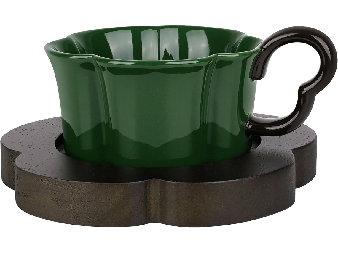 Conjunto De Xícara E Pires Café Em Cerâmica Com Estampa Floral Xícaras Expresso Retrô Verde 250ml, Próprias Para Micro Ondas Lav Aquaforge