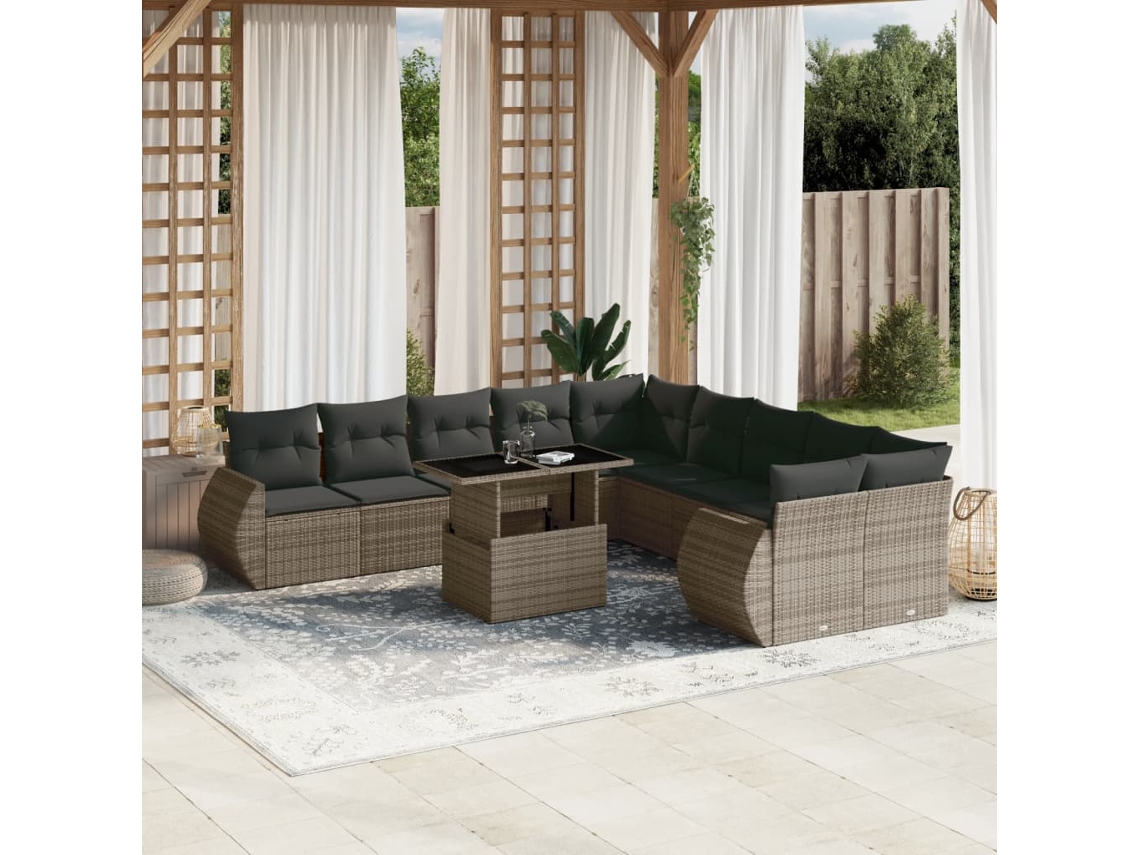 Vidaxl 11 Pcs Conjunto Sofás De Jardim C/ Almofadões Vime Pe Cinzento