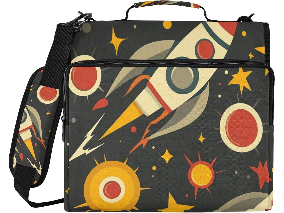Pasta com 3 argolas, 8 cm com reforço, alça de ombro e altura do ombro, diversas bolsas, organizador de material escolar e de