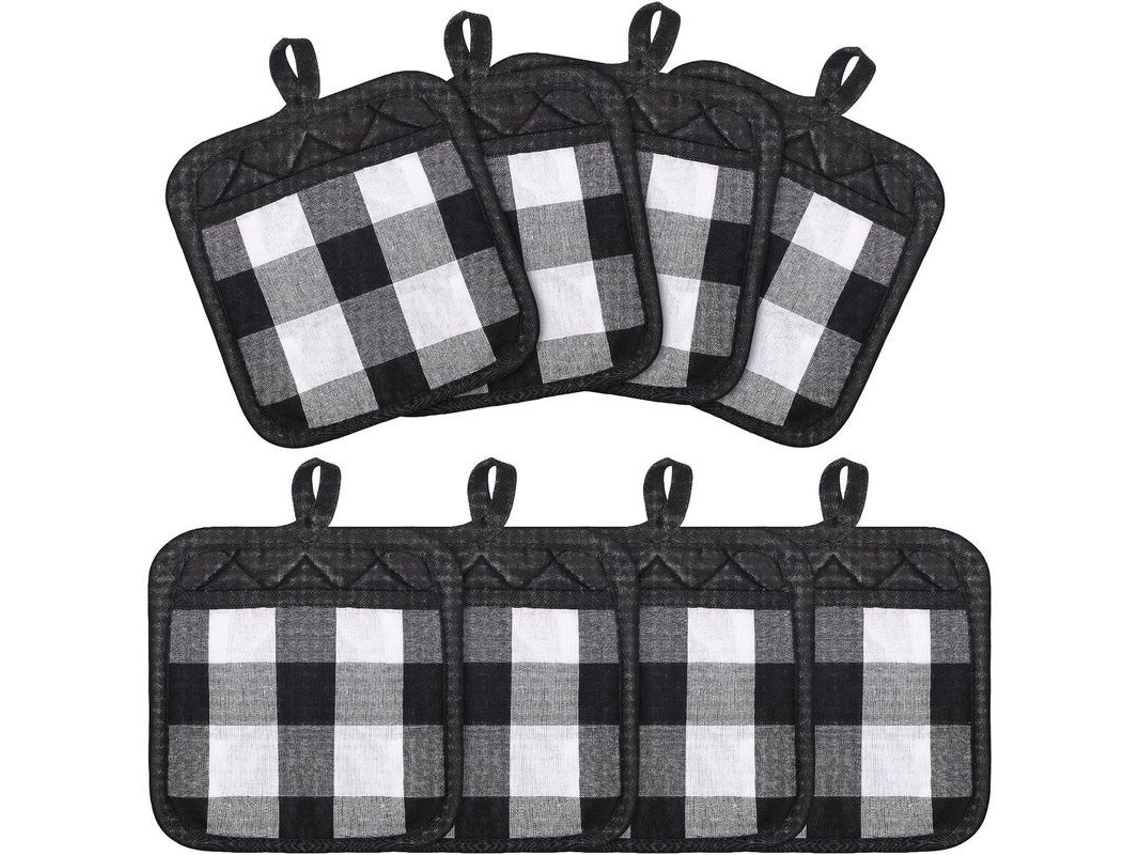 Fundas Antiquemadera de Cuadros Buffalo Con Bolsillo, Alfombrillas Calientes Clásicas de Estilo Rural (branco e Preto)
