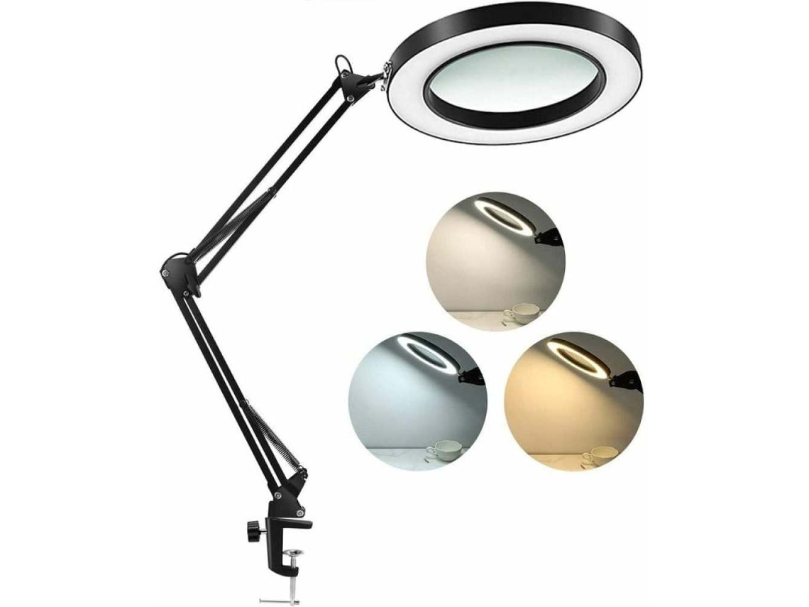 Lupa Com Regulagem Contínua, Luz E Suporte, Braço Giratório Ajustável, Luminária De Mesa Led Com 3 Modos De Cor, Braço Oscilante Flexível Para Trabalh