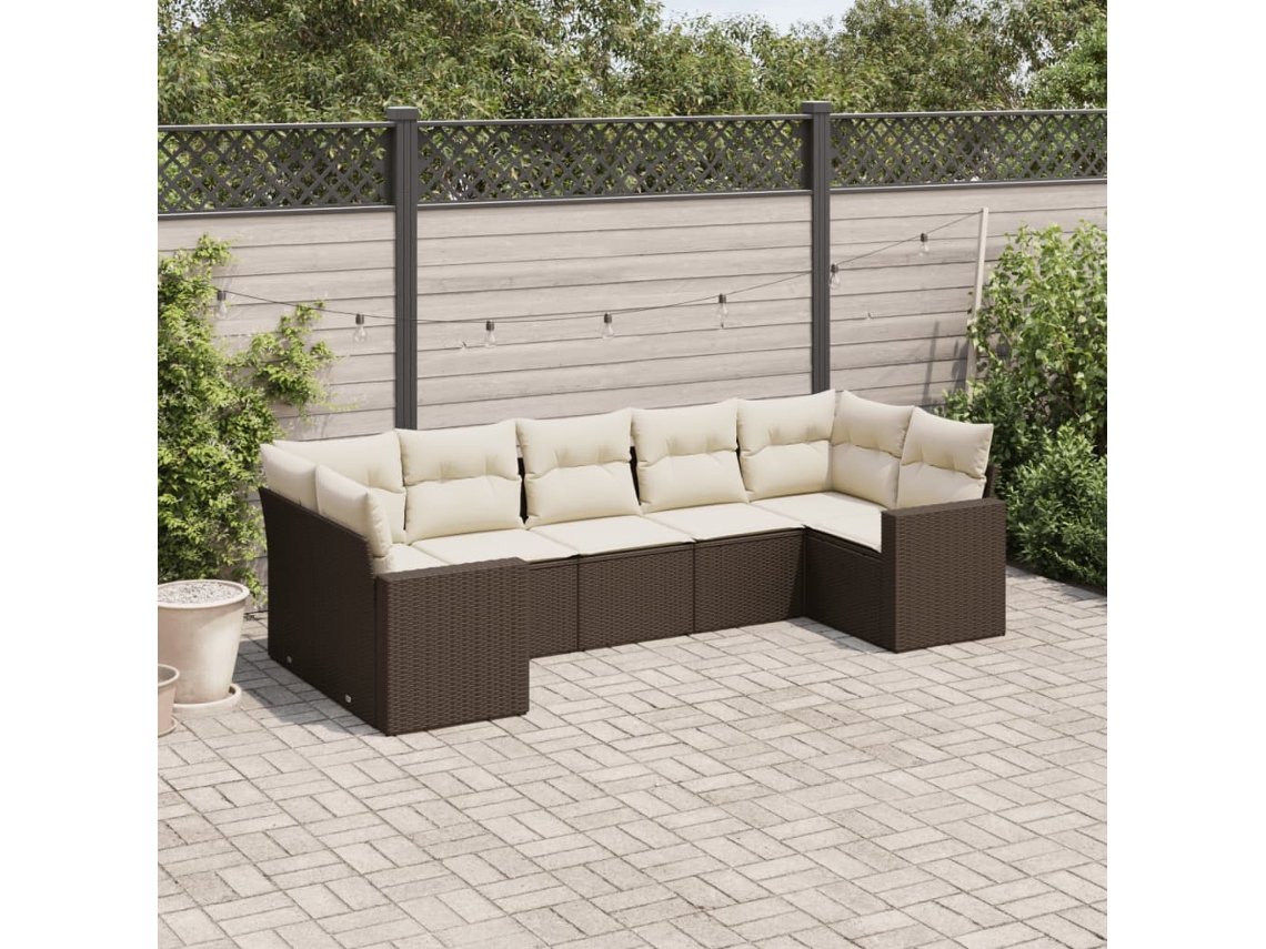 Vidaxl 7 Pcs Conjunto De Sofás Jardim C/ Almofadões Vime Pe Castanho
