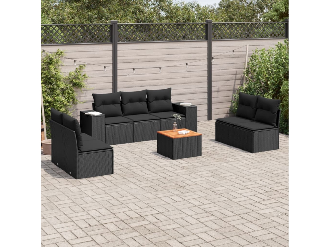 Vidaxl 8 Pcs Conjunto Sofás De Jardim Com Almofadões Vime Pe Preto