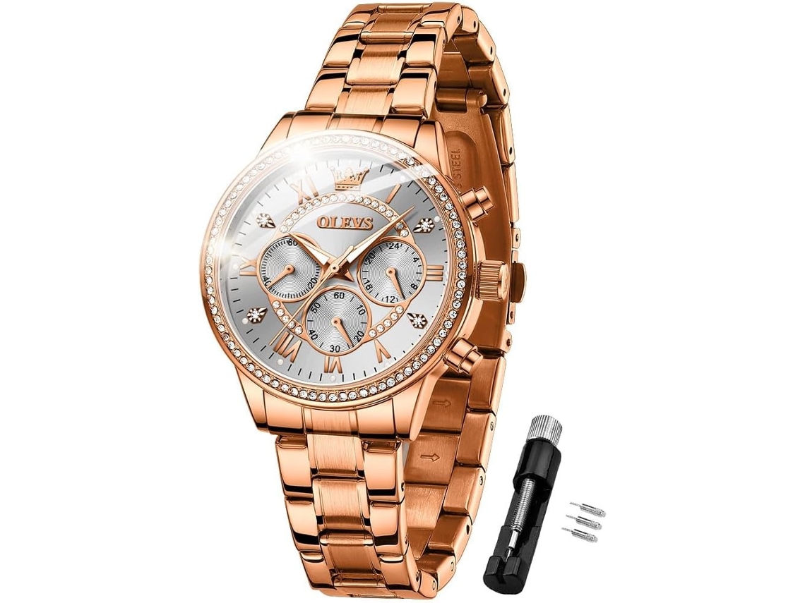 Lurelia Relógio Cronógrafo Feminino, Luminoso, Detalhes Com Strass, Aço Inoxidável, Resistente À Água, Rosa Ouro, Branco