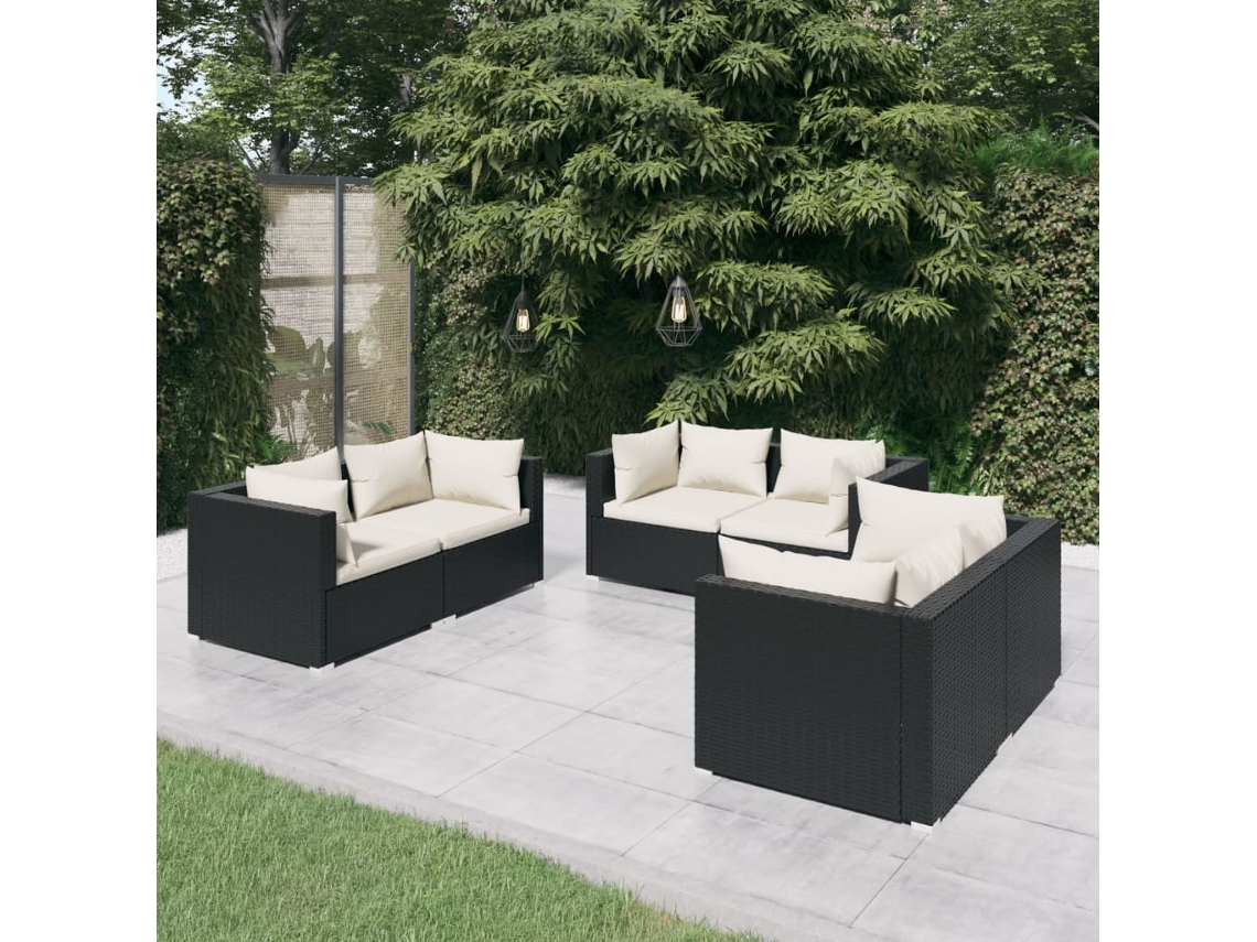 Conjunto Lounge Jardim 6 Peças C/ Almofadões Vime Pe Preto Dkd Home Decor