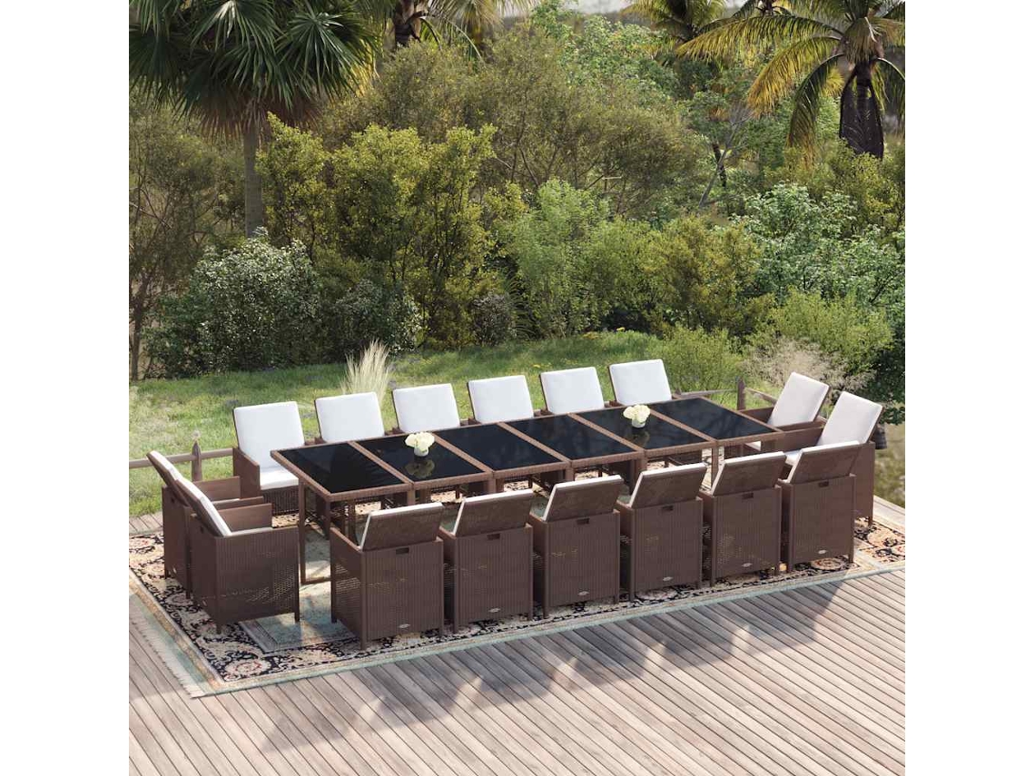 Vidaxl 17 Pcs Conjunto Jantar P/ Jardim C/ Almofadões Vime Pe Castanho