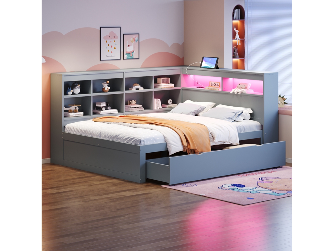 Cama de Casal 140x200 Cm Madeira, Grandes Gavetas, Led, Usb, Prateleiras, Estilo Sofá, Cinza KOMHTOM