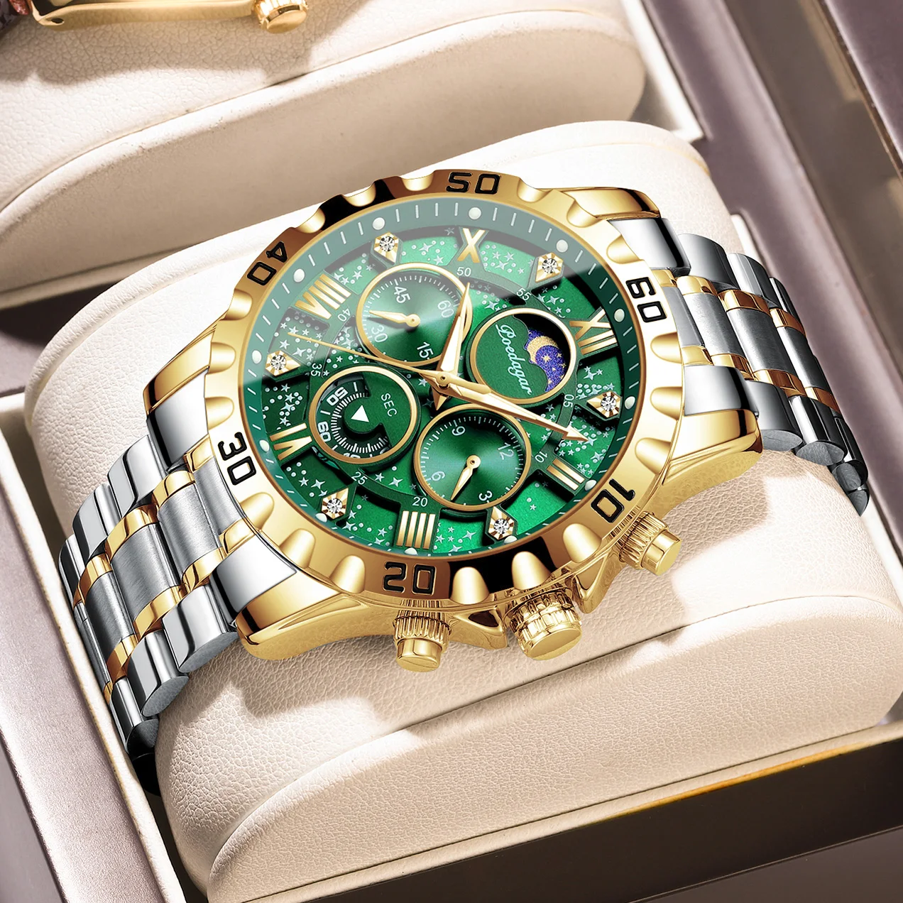 Relógio masculino elegante para negócios (dourado e verde), Prova D'água, cronógrafo luminoso.