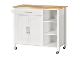 Carrinho De Cozinha Com Rodas Móvel Auxiliar De Com 1 Gaveta 2 Portas 3 Prateleiras Abertas E Barra Lateral Para Sala De Jantar 107,5x48x89cm Branco