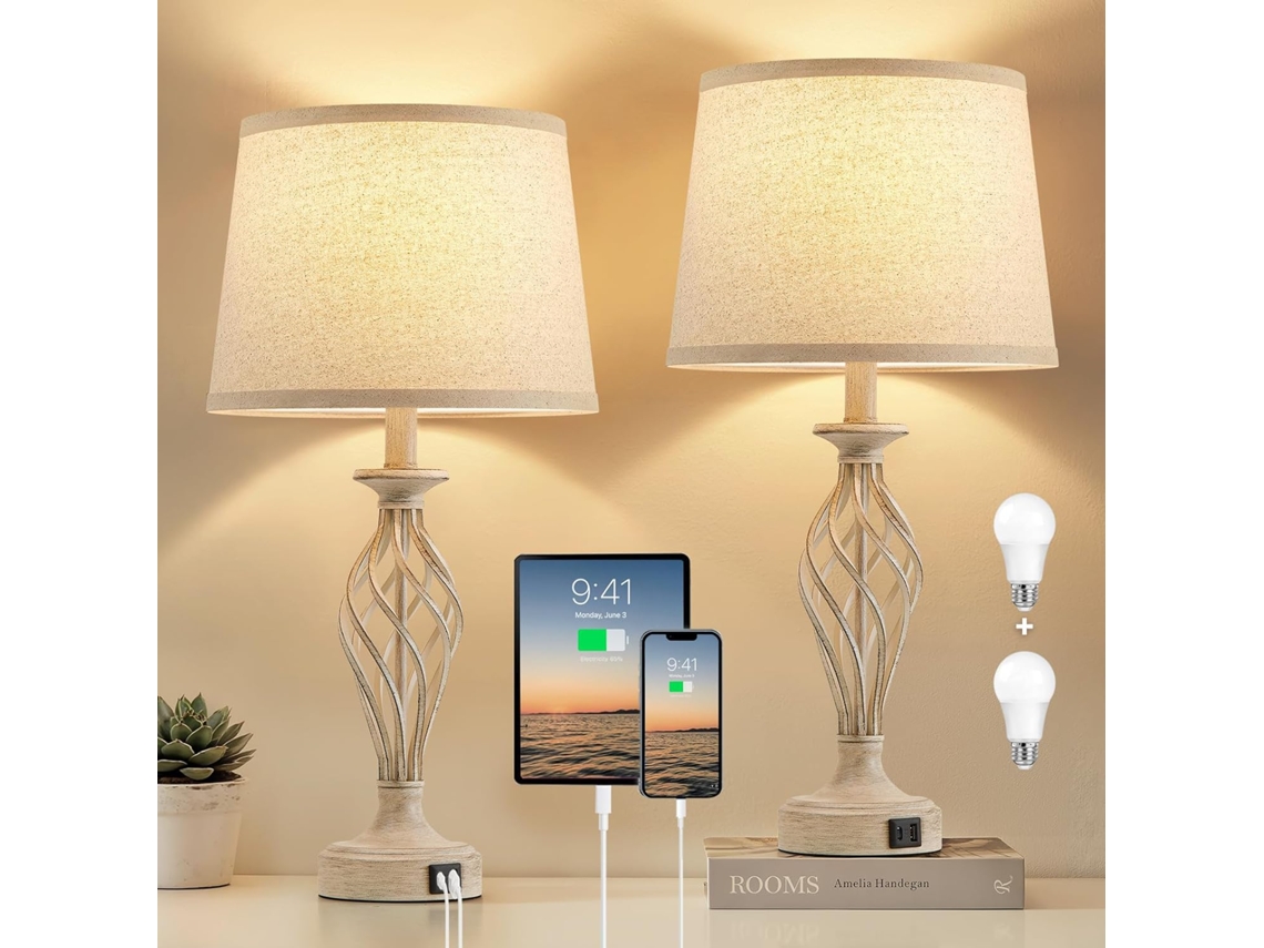 Ejiaxin Conjunto De 2 Candeeiros Cabeceira Bege Para Quarto Com Portas Usb C + A, Candeeiro Rústico Estilo Fazenda
