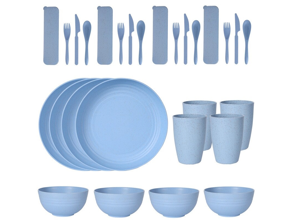 Conjunto de Talheres de Plástico com 24 Peças, Incluindo Pratos, Copos, Colheres e Facas. MDUG (azul)