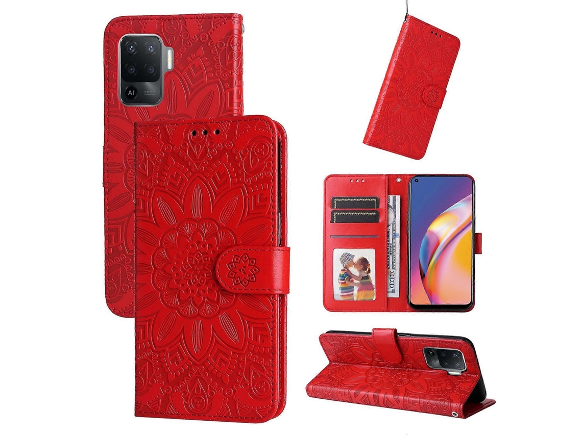 Capa De Celular Em Couro Com Estampa De Girassol Em Relevo Para Oppo A94 4g / F19 Pro / Reno5 F