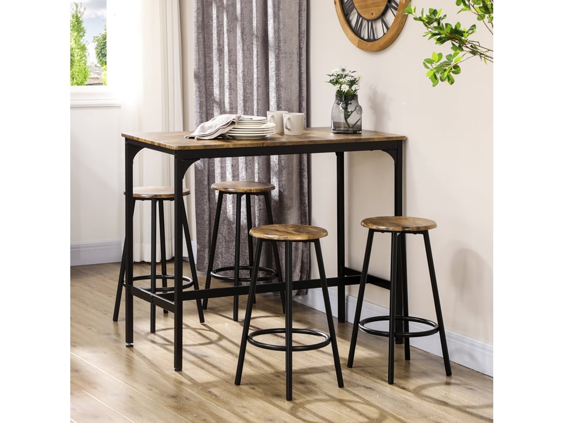 Conjunto De Mesa E 4 Bancos, De Estilo Industrial, Castanho Rústico E Preto