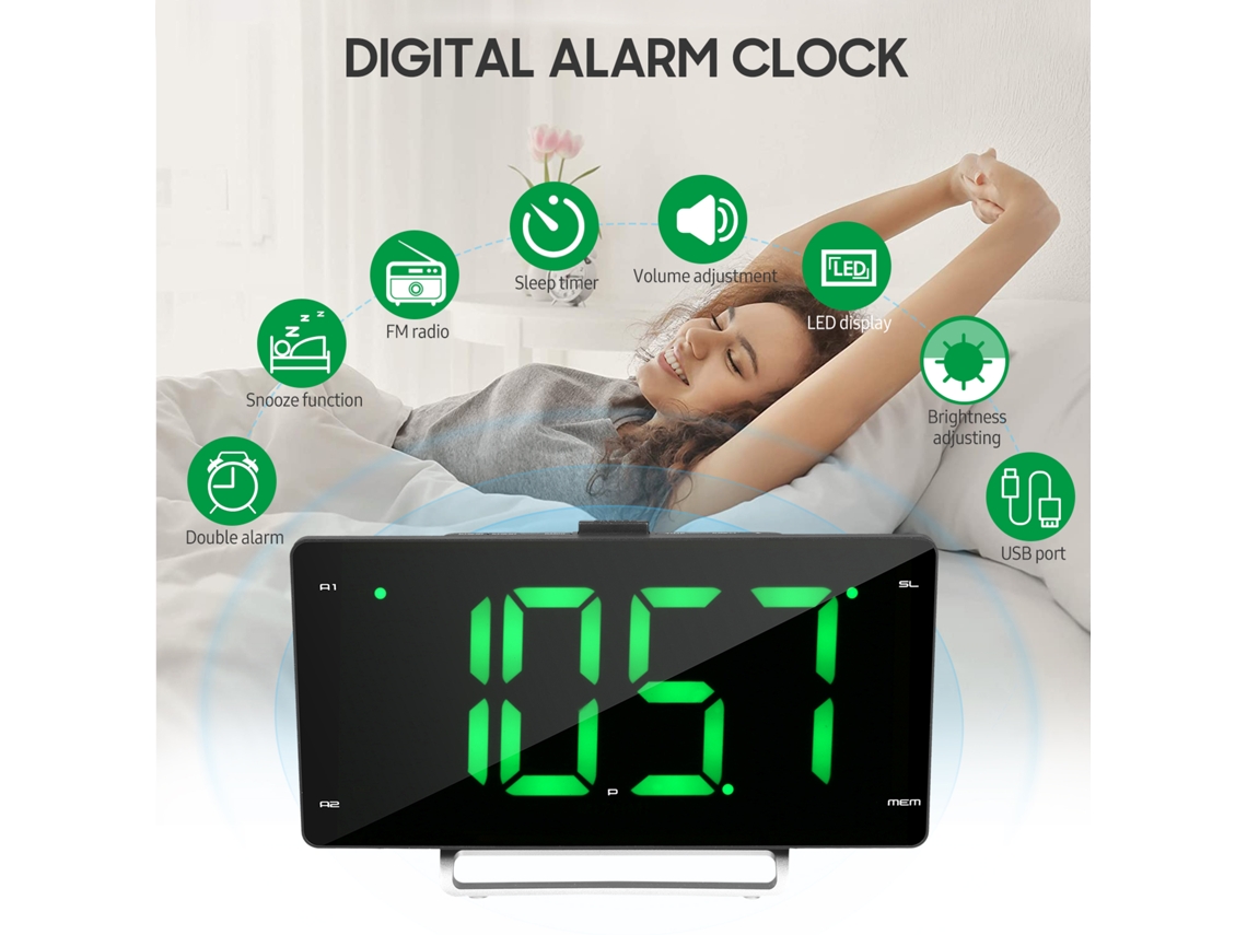 Relógio despertador digital TUYA com rádio FM, alarme duplo, 2 portas USB e display de 9 polegadas