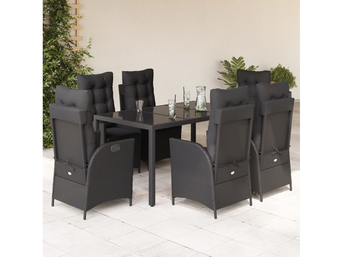 Vidaxl 7 Pcs Conjunto De Jantar P/ Jardim C/ Almofadões Vime Pe Preto