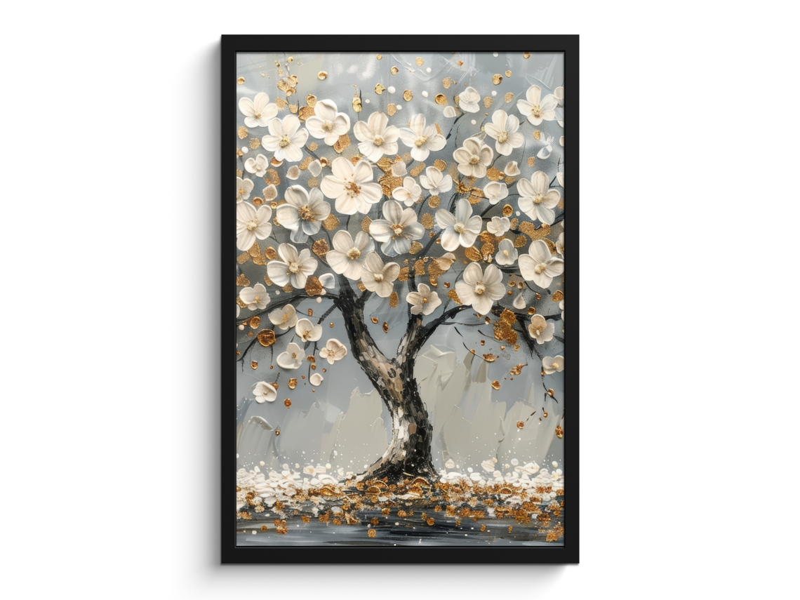 Poster Emoldurado Árvore - Flores - Branco - Natureza - Arte 40x60 Cm