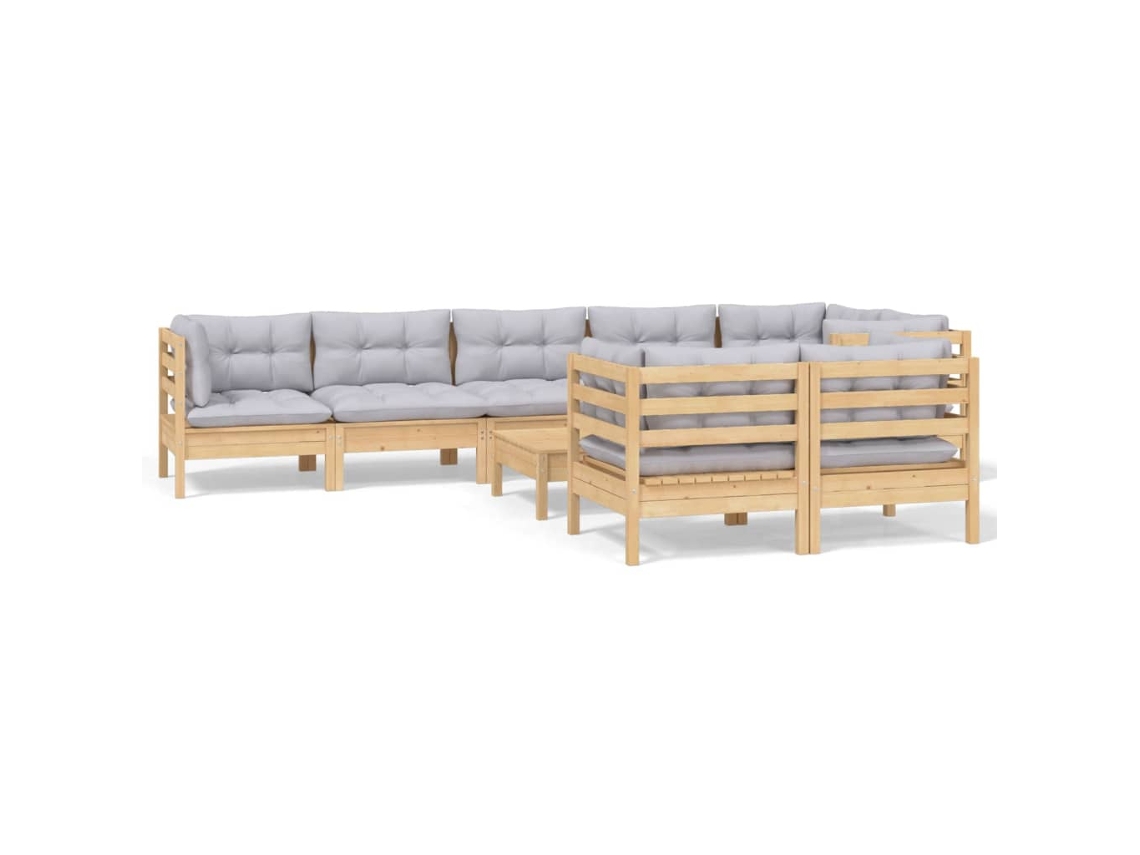 Conjunto de 9 Lounge de Jardim com Almofadões Cinza Pinho Maciço MAISON EXCLUSIVE