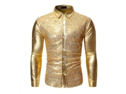 2026 camisa de Manga Longa com Puntinhas e Estampa Dourada no Colarinho Lapel para Homem Osn XL Oro