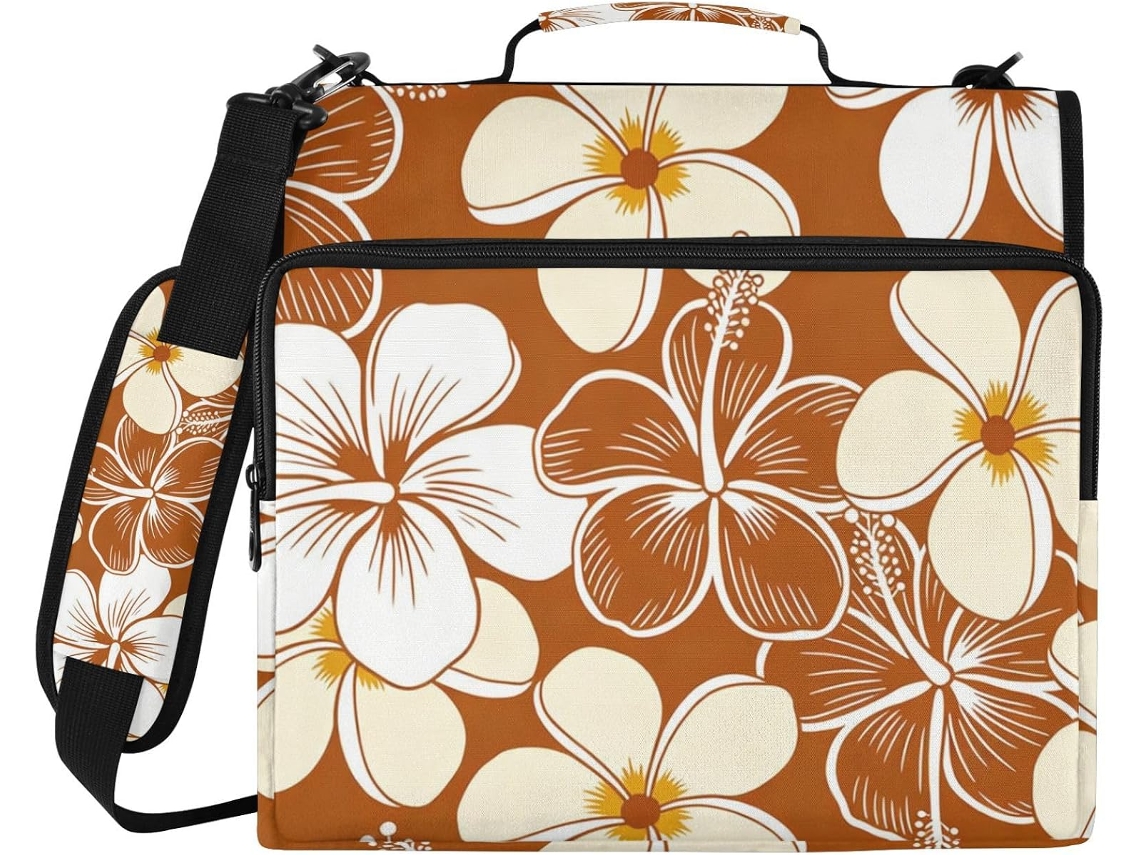 Pasta organizadora marrom com estampa floral Havaiana, 3,8 cm x 1,5 polegadas, 3 argolas, altura de ombro a ombro, inclui