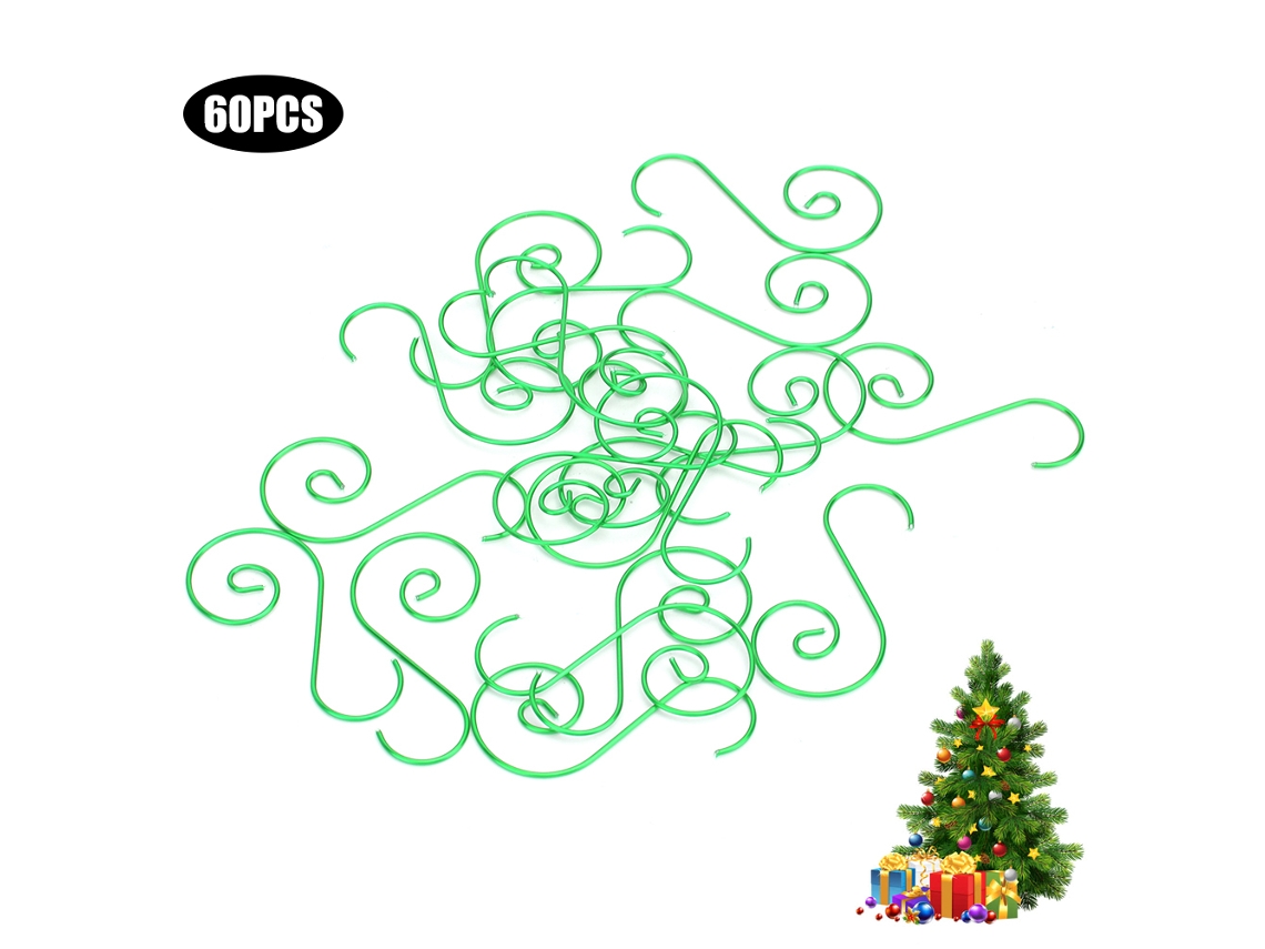 Conjunto de 60 Ganchos de Metal em Forma S para Decoração de Árvores de Natal, Verde
