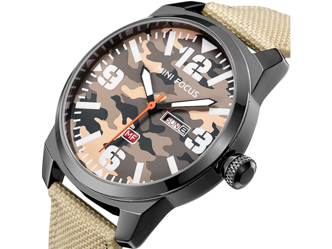 Reloj Hombre Deportivo Camuflaje Beige Resistente Al Agua Cadena Nylon Cuarzo