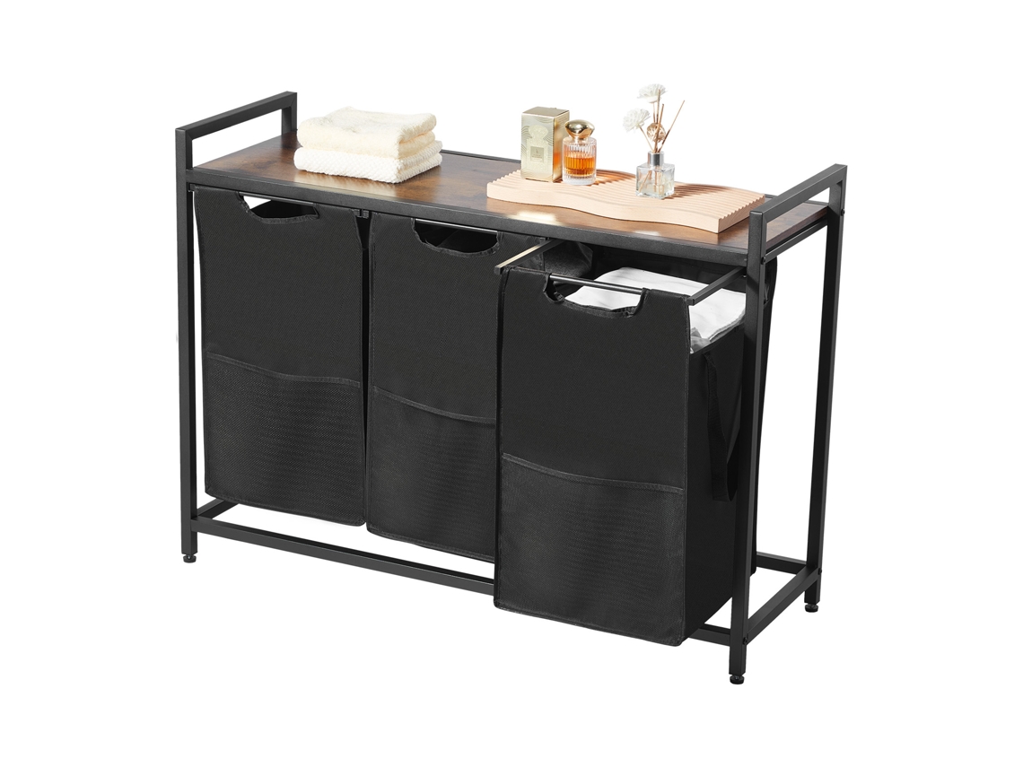 Cesto para Roupa com Tábua de Madeira, Classificador Roupas 980 X 330 710 Mm 3 Sacos Extensíveis Tecido Oxford 600d e Estrutura Metal, Banheiro, Preto