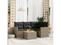 Vidaxl 5 Pcs Conjunto Sofás De Jardim C/ Almofadões Vime Pe Cinzento