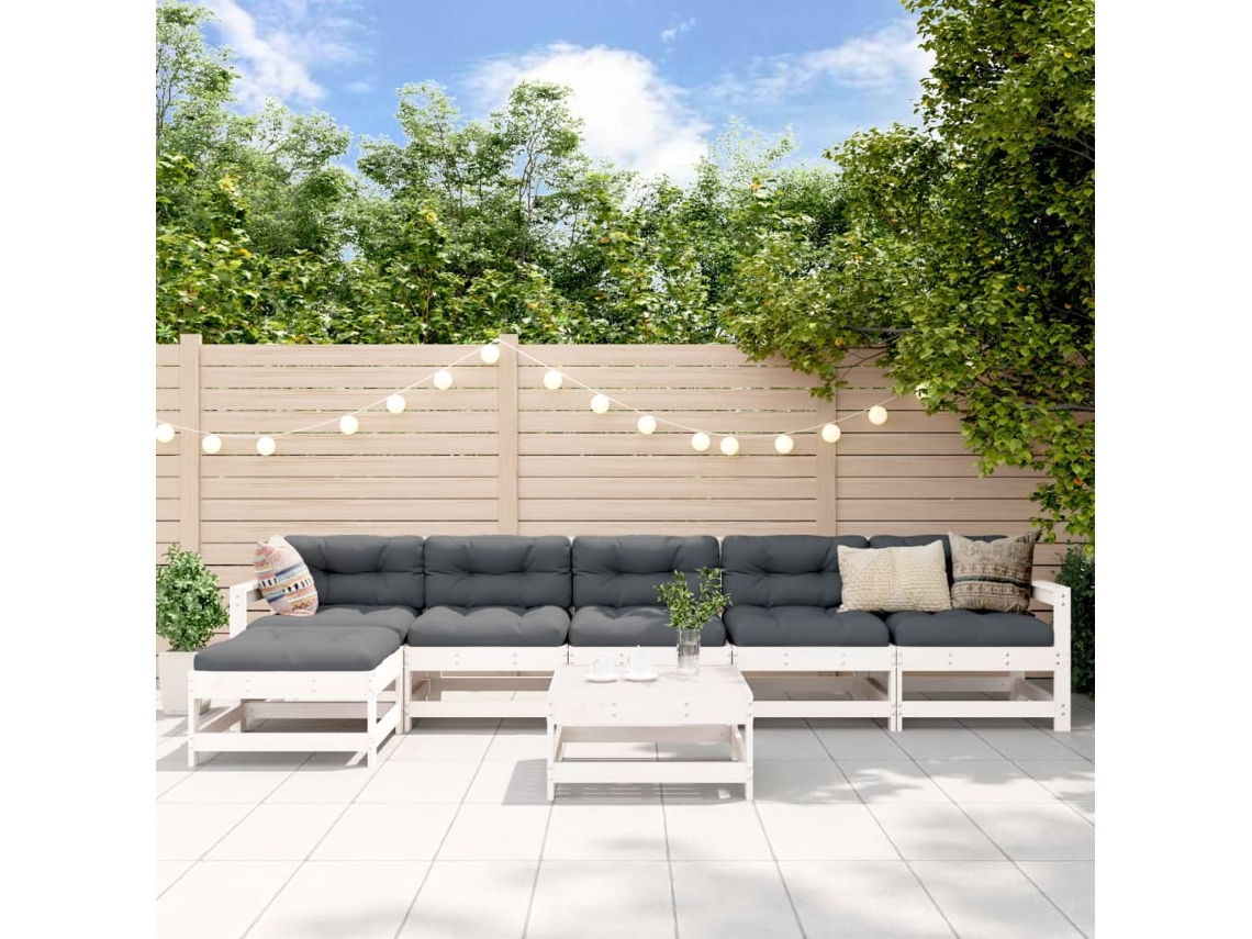 Vidaxl 7pcs Conjunto Lounge Jardim C/ Almofadões Madeira Maciça Branco