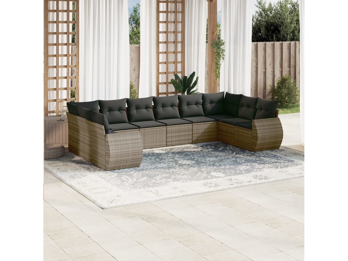 Vidaxl 10 Pcs Conjunto Sofás De Jardim C/ Almofadões Vime Pe Cinzento