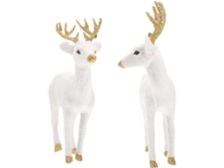 Conjunto De 2 Estatuetas Decorativas De Pelúcia Representando Cervos Sika Brancos.