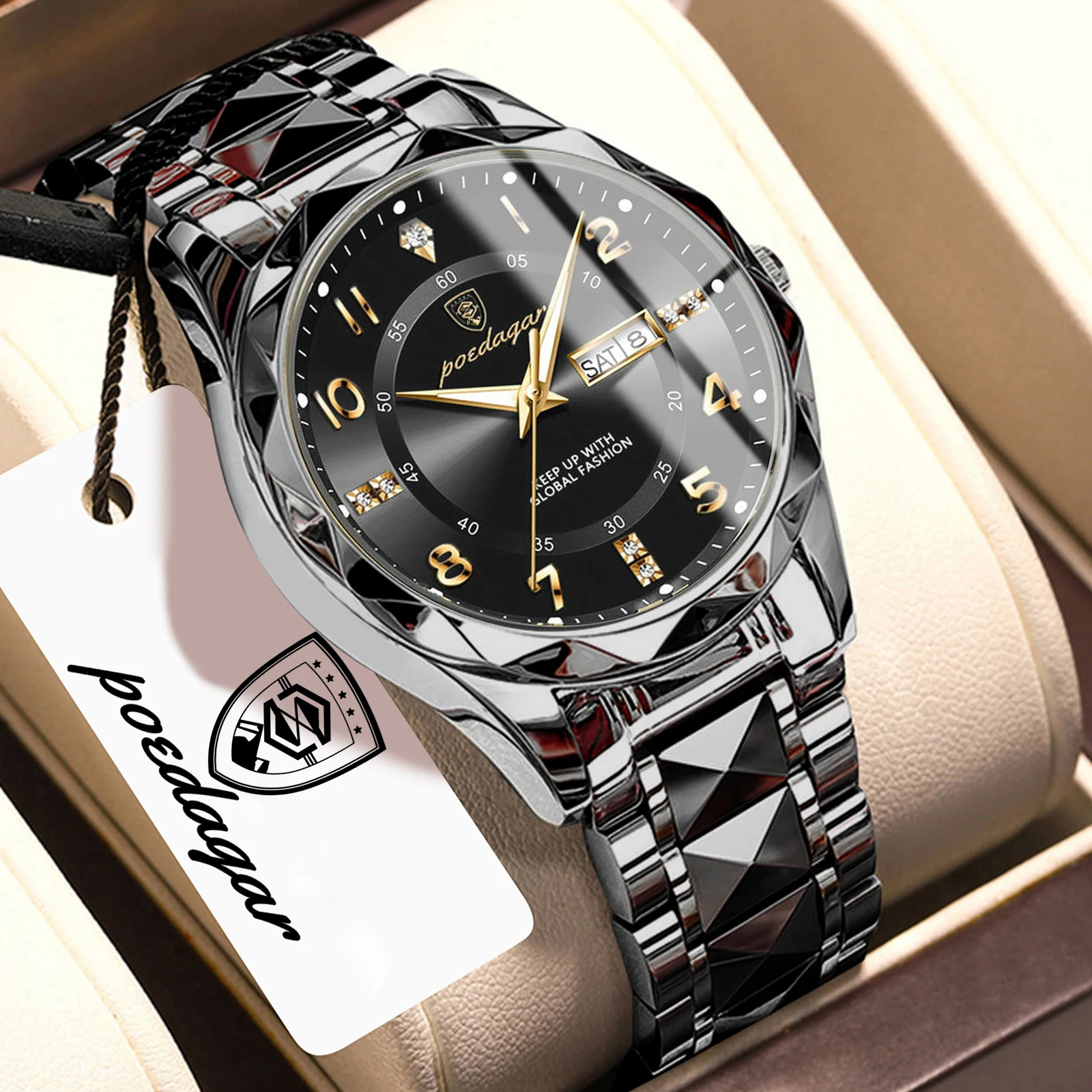 (Preto) Relógio de quartzo masculino refinado e luxuoso, com exibição de data e semana, ideal para uso profissional e pessoal.