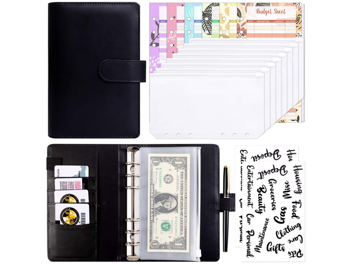 A6 Pu Leather Loose Leaf Cash Budget Planner Macaron Creative Notebook Deep Black With 8-zipper Pouches, 12-budget Cards