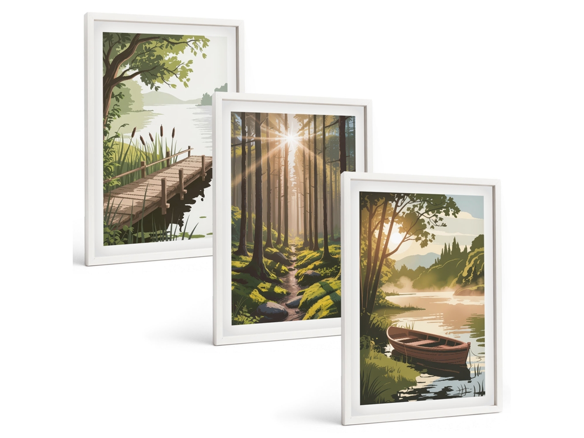 Composição De Quadros Paisagem, Floresta, Lago, Barco Moldura Branca Fotos Para O Escritório Espelharte (3 Piezas De 40x60 Cm)