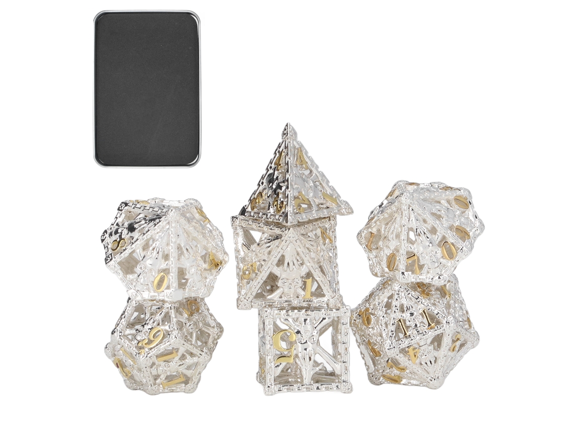 Mali 7pcs Dados Poliédricos de Metal Padrão Caveira Oco para Jogos de Tabuleiro Prata e Ouro