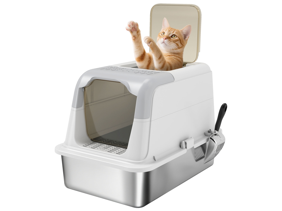 Caixa de Areia para Gatos, com Tampa, Pá para Areia, Entrada Frontal e Saída Superior, em Aço Inoxidável, Até 7 Kg ESSÊNCIACASA