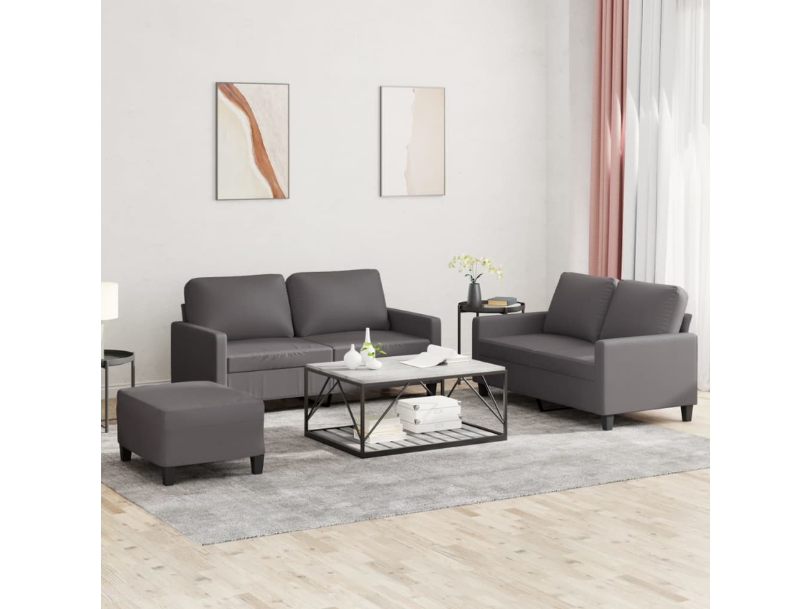 Vidaxl 3 Pcs Conjunto De Sofás C/ Almofadões Couro Artificial Cinzento