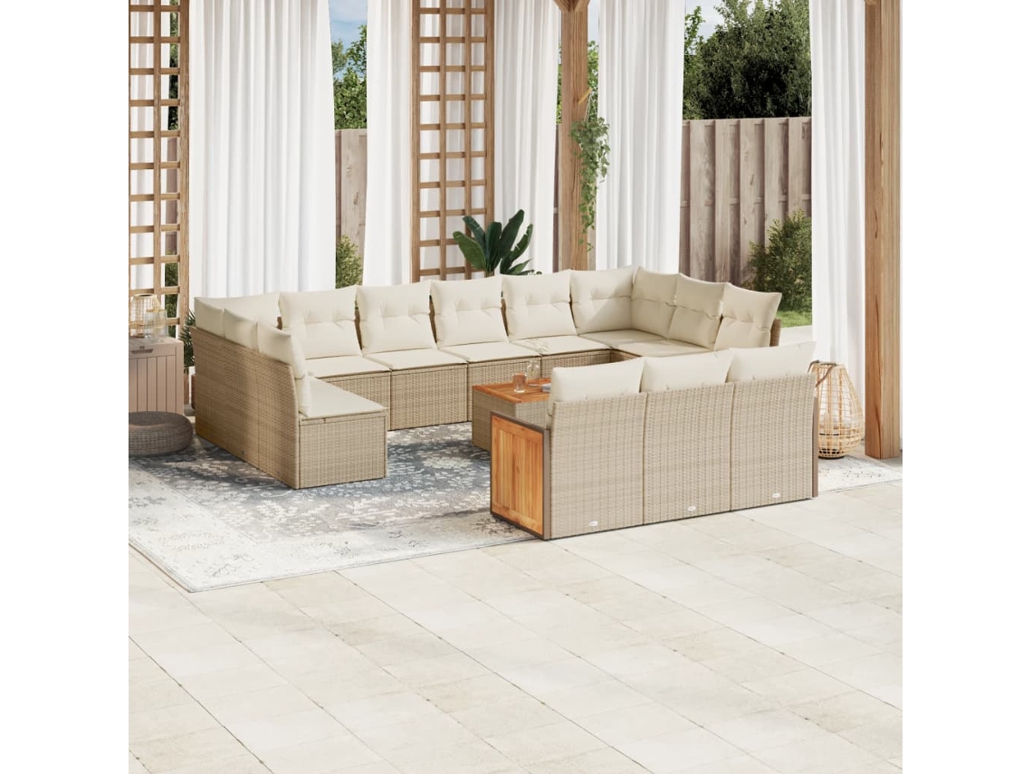 Vidaxl 14 Pcs Conjunto De Sofás P/ Jardim Com Almofadões Vime Pe Bege