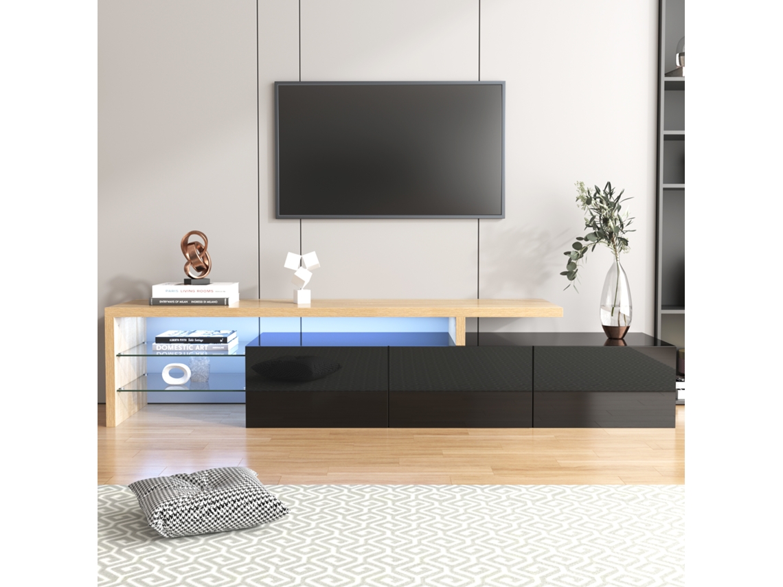 Móvel de TV moderno PAPRIKA em luz brilhante com painéis de vidro e iluminação LED.