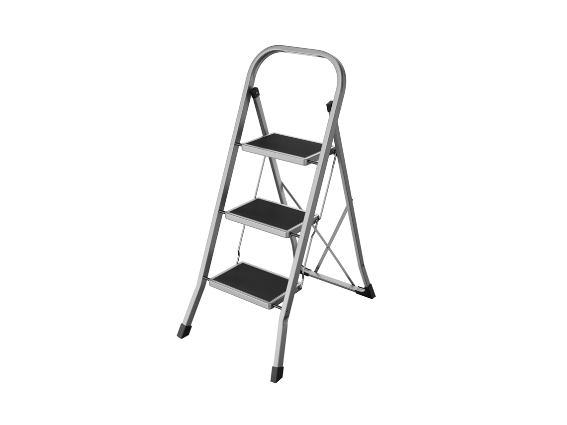Escalera Plegable Acero 3 Peldaños Con Pasamanos Antideslizante 150 Kg - Gris Paloma