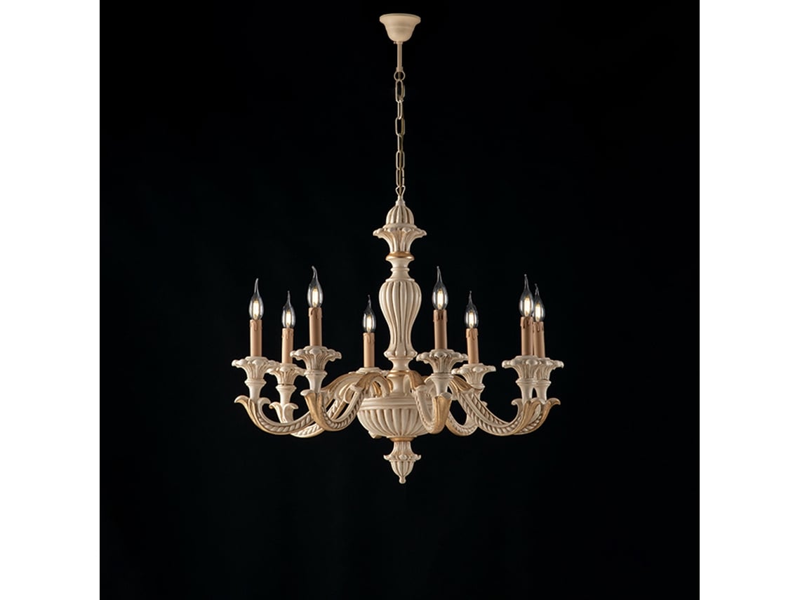 Leonardo - Lustre Em Madeira Marfim E Folha De Ouro 8 Luzes 130 - Ø80 - Bl180-8-av