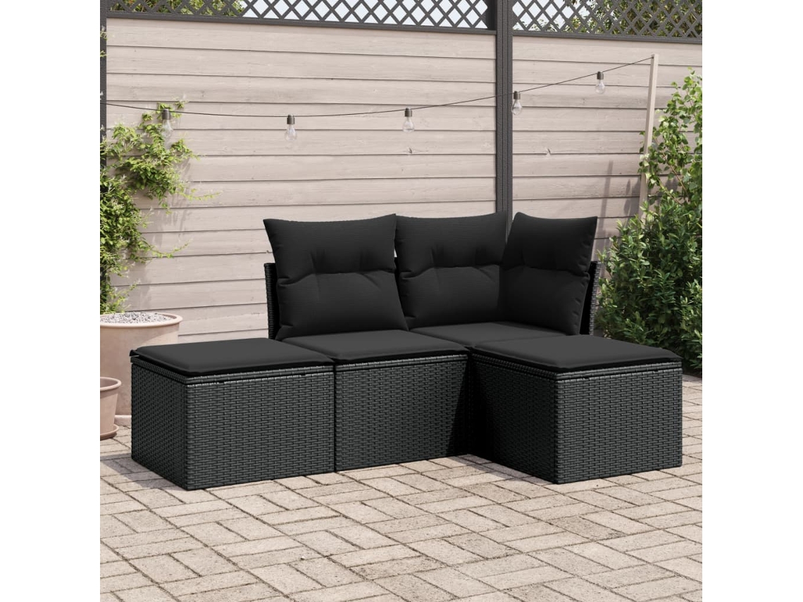 Jogo de Sofá 4 Peças Jardim C/ Almofadões Vime Pe Preto Dkd Home Decor